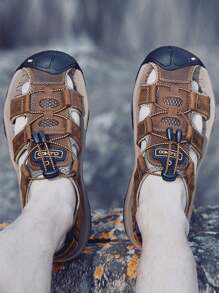 CLOHOO Brand Leather Rubber Thick Sole Handmade Men's Casual Closed Toe Breathable Versatile Sandals - Dark Brown - View 3