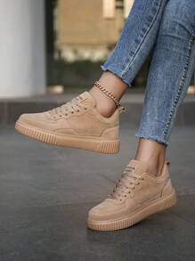 Women's Fashionable Retro Khaki Lace-Up Casual Sneakers, Lightweight Versatile Comfortable Non-Slip Flat Outdoor Walking & Skateboard Running Shoes