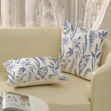 2件装海军蓝花卉图案枕套，春夏装饰抱枕套，野花叶子春季装饰枕套，户外农舍风格沙发靠垫套，单面印花，不含枕芯