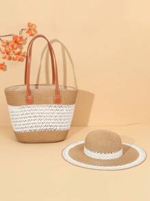Spring Summer New Straw Woven Shoulder Bag, Classic Versatile, Lace Splice Bohemian Polyester Hollow Out Hat, Suitable For Spring Summer Autumn