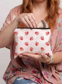 1pc Aardbeienpatroon Thema Volledige Print Make-up Tas - Lichtgewicht En Geurloze Polyester Reis Toilettas, Cartoon Aardbei Leuke Multifunctionele Canvas Tas, Oplaad Opbergtas, Essentiële Reis Make-up Tas: Meisjes Reis Reddingsboei Tas