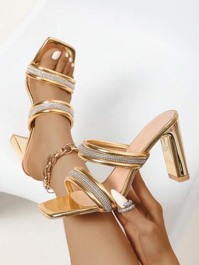 Elegant Women High Heel Sandals, Women High Heels, Women Sandals, High Heels, Party High Heels, Thick Heel Sandals, High Heel Sandals, Rhinestone Decor High Heels, Gold High Heels