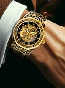 1 pieza Reloj de pulsera automático mecánico elegante y apuesto para hombres jóvenes con caja de acero con diseño estereoscópico de dragón grabado