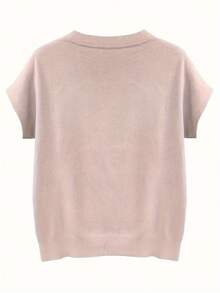 Tricou rafinat cu mânecă scurtă largi pentru femei, top tricotat fără mâneci distinctiv, strat de bază de culoare solidă - Roz praf - Vizualizare 3