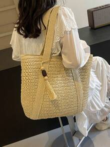 New Fashion Versatile Tote Bag, Beach Holiday Bag, Lightweight & Elegant Woven Design Bohemian Style Small Shoulder Handbag With Tassel Pendant, Large Capacity For Commuting, Daily Shopping, Vacation, Suitable For Women, College Students, Teenagers - Beige - View 6