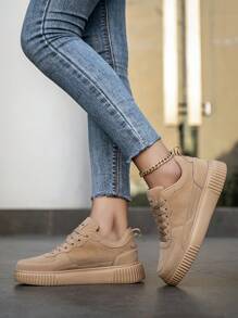 Women's Fashionable Retro Khaki Lace-Up Casual Sneakers, Lightweight Versatile Comfortable Non-Slip Flat Outdoor Walking & Skateboard Running Shoes