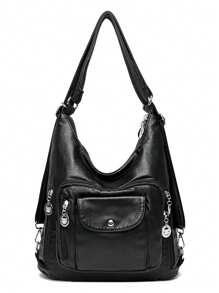 Bolso de cubo de piel de PU negro casual multifuncional con múltiples bolsillos - se puede usar como bolso de hombro, bolso cruzado o mochila, versátil para el trabajo, la escuela, las compras y las citas - Negro - Ver 5