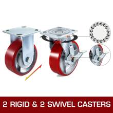 4 Pack 6 X 2 Inch Caster Wheels 2 Rigid And 2 Swivel Casters With Side Brake Polyurethane Iron Core Plate 1000LBS Capacity Per Wheel - 4.5 X 4 X 0.2 Inch - View 2