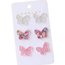 3 Pairs Acrylic Rhinestone Butterfly Stud Earrings, Elegant Minimalist Bling Bling Earring Set, Spring/Summer - Multicolor - View 5