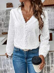 Women's Loose Blouse Eyelet Embroidery Top With Puffed Sleeves For Spring/Autumn
