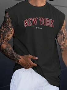 Plus Size Men's Solid Color Crew Neck Casual Loose Graphic Tank Top - Black - View 1