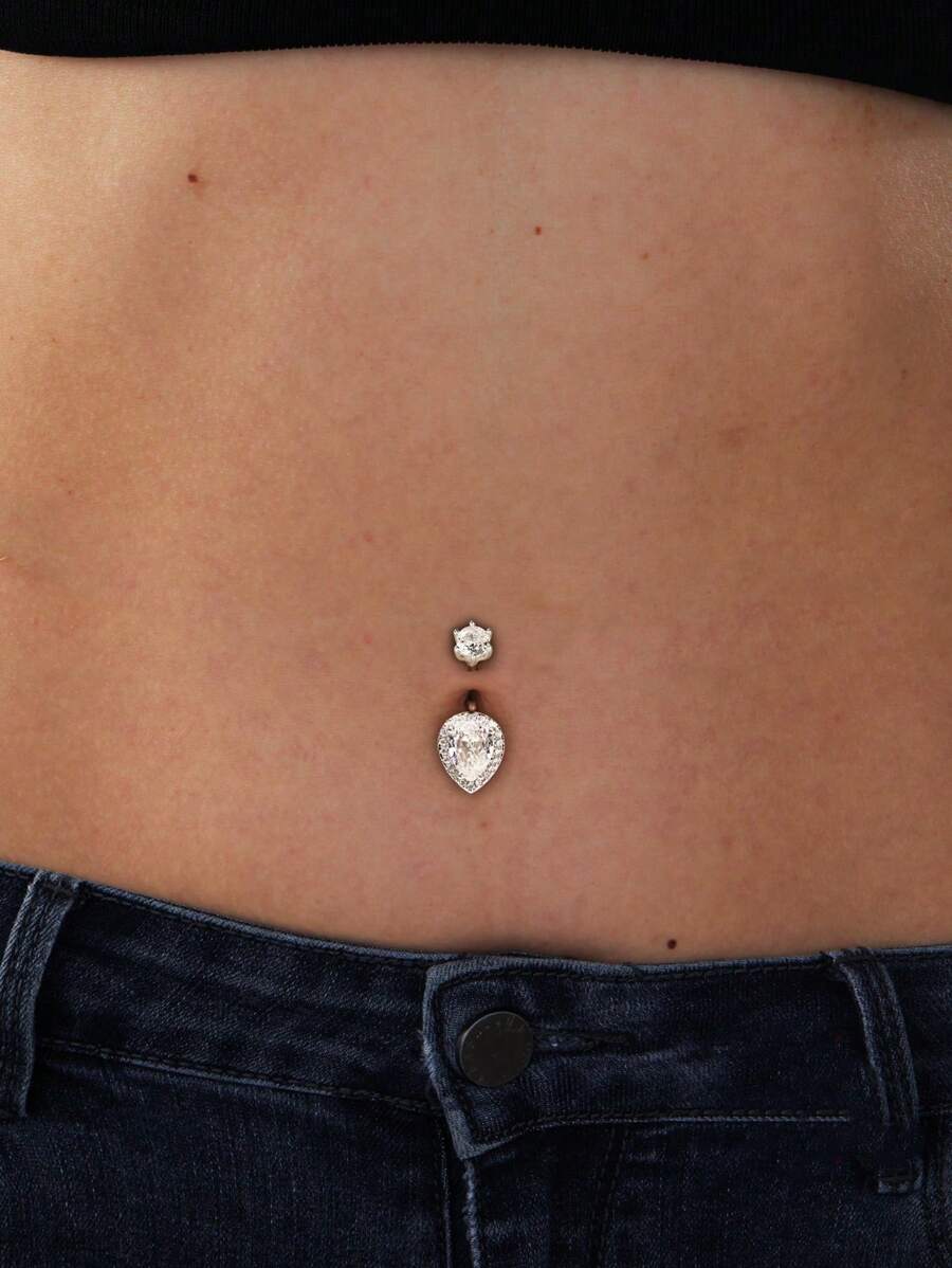 1pc 925 Sterling Silver Zirconia Crystal Water Drop Navel Belly Button Ring, Suitable For Men And Women For Daily Wear And Party