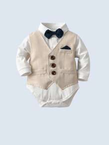 BOARNSEORL 3 件套男婴绅士服装套装，长袖衬衫配领结、背心和裤子，时尚百搭，适合生日派对、婚礼、洗礼、1 岁生日