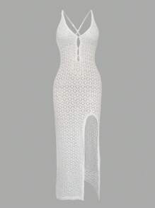 Women's Hollow Beach Sweater Blouse, Crochet Sleeveless Maxi Dress, Sexy Cutout Deep V Neck Slit Boho Cover Up, Long Tank Dresses, Halter Cut Out Backless Coverup, Mini Tie Corset Knit Wrapr For Women, Spring Summer Fall