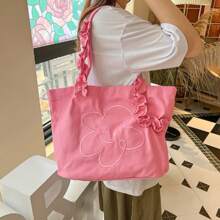 Lace Shoulder Bag, Lace Canvas Shopping Bag, Women's Smiling Face Ruffled Lace Canvas Bag, Floral Embroidery Tote Bag - 彩色 - 查看 2