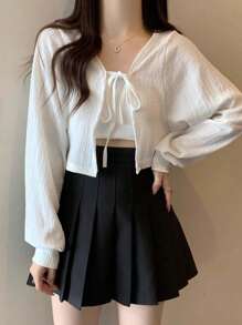 1pc Women's Shrug Cardigan, New Fashion Tie-Front Long Puff Sleeve Cropped Open Front Lightweight Outerwear - Multicolor - View 9