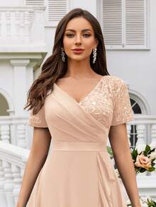 MIUSOL Đầm dạ hội thanh lịch cổ chữ V đính sequin và ren, phối màu tương phản, chất liệu chiffon, xếp ly, thích hợp cho khách dự đám cưới, tiệc tối trang trọng và các dịp khác trong mùa hè. - Rượu sâm banh - Xem 8