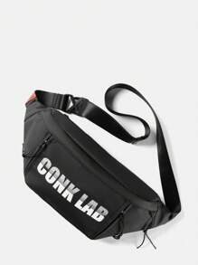 Bolsa de cintura informal de gran capacidad con estampado de letras para hombres, bolso bandolera multicompartimentos para el pecho para deportes, compras, ir al trabajo, viajes