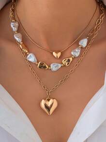 时尚爱心吊坠具有设计感不对称仿珍珠折叠项链 - 項鍊套裝 - 查看 10
