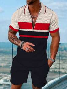 男士全印花 Polo 领短袖上衣和口袋短裤两件套休闲西装、度假装、春季休闲装、老款男士、父亲节礼物、父亲节服装 - 黑色 - 查看 1