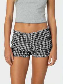 Women Ruffle Plaid Shorts Cute Pettipants Low Waist Ruched Short Pants - Black - View 1