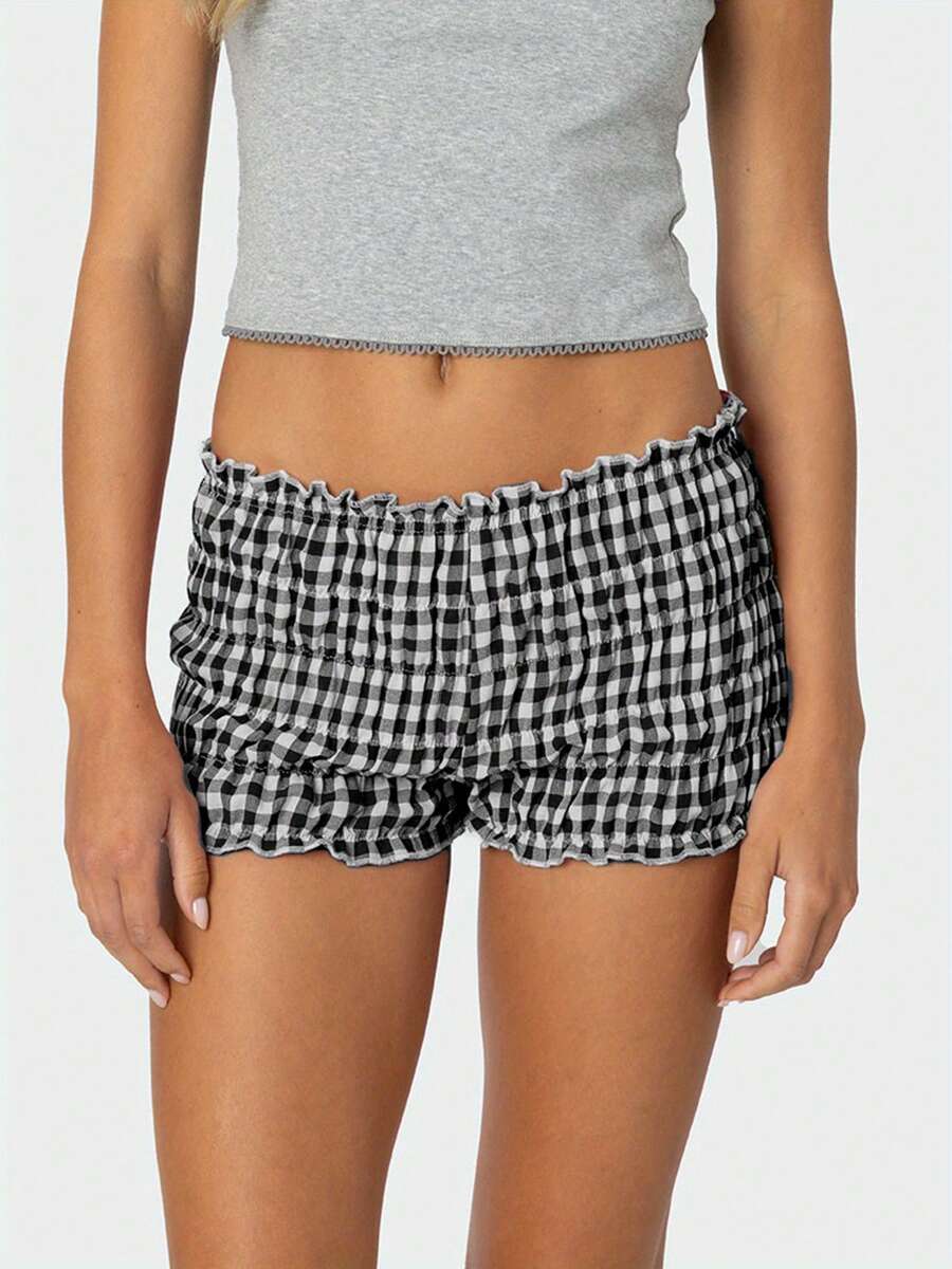 Women Ruffle Plaid Shorts Cute Pettipants Low Waist Ruched Short Pants - Black - View 1