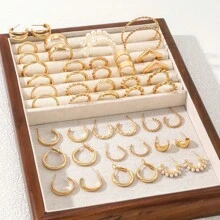 Juego de 24 piezas de pendientes de mujer de metal simple de moda, set de pendientes aro con geometría y perla artificial, adecuado para uso diario, vacaciones, regalo, empaquetados con tarjeta de papel y bolsa