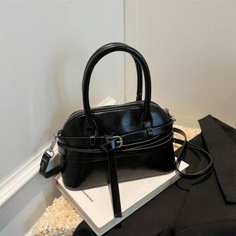 女士 PU 皮革单肩包，带扣装饰，复古时尚手提包，漆皮贝壳包