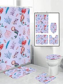 1 套印有美人鱼、海马和海洋元素的防水浴帘，配有 12 个挂钩，可洗涤纶面料浴垫和马桶垫，适用于浴室装饰和家居装饰母亲节鲜花，送给妈妈的个性化礼物，最后一分钟的礼物，母亲节创意，母亲节礼物，送给妈妈的手工卡片，50 美元以下的最佳母亲节礼物