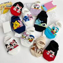 Disney 10 pares de calcetines invisibles casuales de poca profundidad con estampados aleatorios y de Minnie y Stitch, adecuados para la primavera y el verano, para mujeres