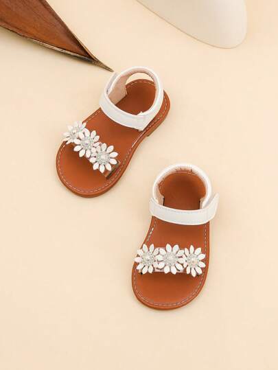 婴幼儿花朵装饰魔术贴扣可爱白色凉鞋