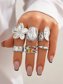 6pcs/Set Vintage Floral & Gemstone Decorated Rings, Women Elegant Baroque Pearl Rings, Punk Hip-Hop Gold Knuckle Rings, Suitable For Daily Wear, Party & Banquet, Festivals, Versatile Fashion Jewelry