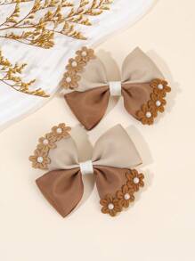 2 pièces Pinces à cheveux en forme de nœud papillon avec fleurs pour filles, pinces alligator couleur terre avec perles, barettes à ruban gros-grain élégantes, pinces à cheveux pour queue de cheval pour tout-petits, cadeau de mariage et d'anniversaire printanier, accessoires capillaires floraux pour enfants