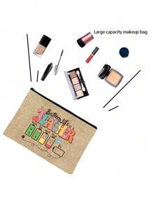 Bolsa de maquillaje con estampado de "Maestro" como regalo de aprecio al maestro, monedero de lino caqui, bolsa de cosméticos con forro y sin cierre - perfecto para educadores y personal escolar, regalo de agradecimiento al maestro, accesorios casuales y elegantes para salidas, vacaciones, viajes diarios, bolsa de cosméticos, regalo de cumpleaños para mamá, amiga