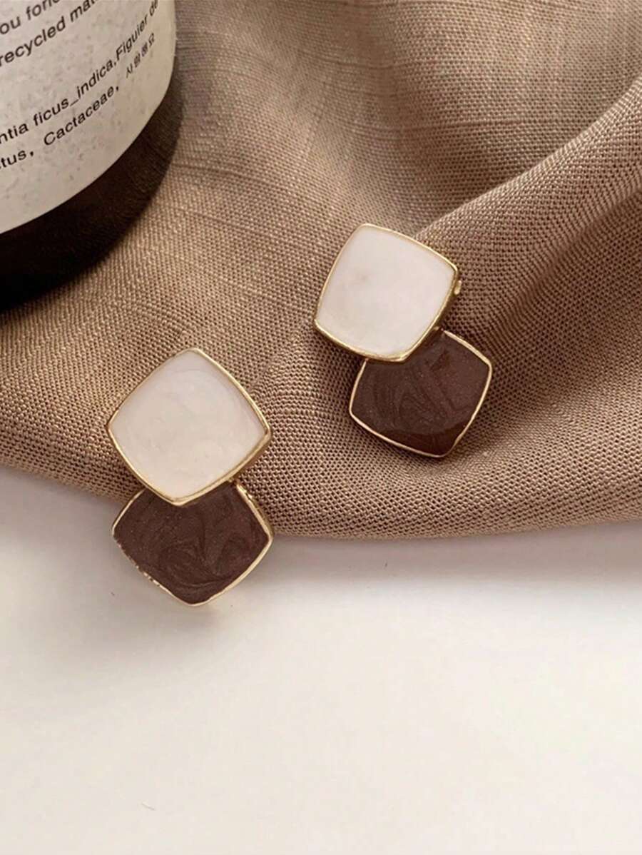 2pcs Minimalist Contrast Color Stitching Earrings, Suitable For Women's Daily And Party Wear - Coffee - View 1