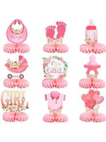 9pcs Pink Honeycomb Decor Set For Baby Girl Gender Reveal Party, Floral Pattern, Suitable For Party Table Decoration, Baby Shower Announcement, Etc. - Pink - View 1