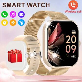 Smartwatch con pantalla táctil completa de 2.01" y correa de silicona para hombres y mujeres, rastreador de actividades deportivas al aire libre, marcación/respuesta de llamadas, seguimiento de pasos/calorías, recordatorio de mensajes/llamadas, calculadora, alarma, batería de 180mAh, 2 colores: rosa y dorado, conexión inalámbrica para Android y compatible con