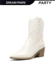 Women's Western Cowboy Boots Pointed-Toe Cowgirl Boots With A Chunky Heel, Featuring A Convenient Zipper And Pull-On Design. Stitched Detailing Adds A Classic Western Touch. Perfect Ankle Boots For Ladies. - 白色 - 查看 2