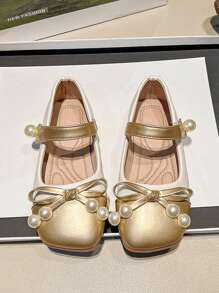 Girls Leather Shoes, 2025 Autumn-Spring New Bow Pearl Fashion Performance Stylish Kids Princess Flats For Toddler & Big Girls