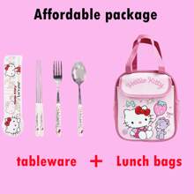 Sanrio Juego de 4 piezas de cubiertos de acero inoxidable con diseño de Hello Kitty - Set de tenedor, cuchara, palillos y bolsa térmica aislada portátil para llevar la comida, ideal para estudiantes, trabajadores y viajes