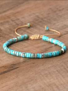 1pc Natural Stone Turquoise Beaded Woven Adjustable Bracelet, Gift For Women