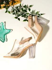 Women's Open Toe Transparent Sandals, Crystal Chunky Heel, Clear Slingback Sandals - Beige - View 7