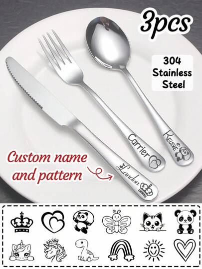 1-3pcs Custom Name Engraving 304 Stainless Steel Cutlery Set, Personalized Kids Name/Pattern Tableware Set,Customized Travel Cutlery Set,Customizable Portable Tableware Three Pieces Set,Forks/Knives/Spoons Flatware,12 Pattern Styles,6 Font Styles,Suitable For Birthday Gifts,Anniversary,Children'S Day,Suitable For Kids,Friends,Family,Living Room,Dining Room, Son, Daughter
