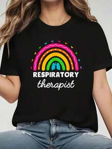 Camiseta de manga corta con cuello redondo de cómoda para primavera y verano con estampado de pulmón arcoíris de Terapia Respiratoria para mujeres