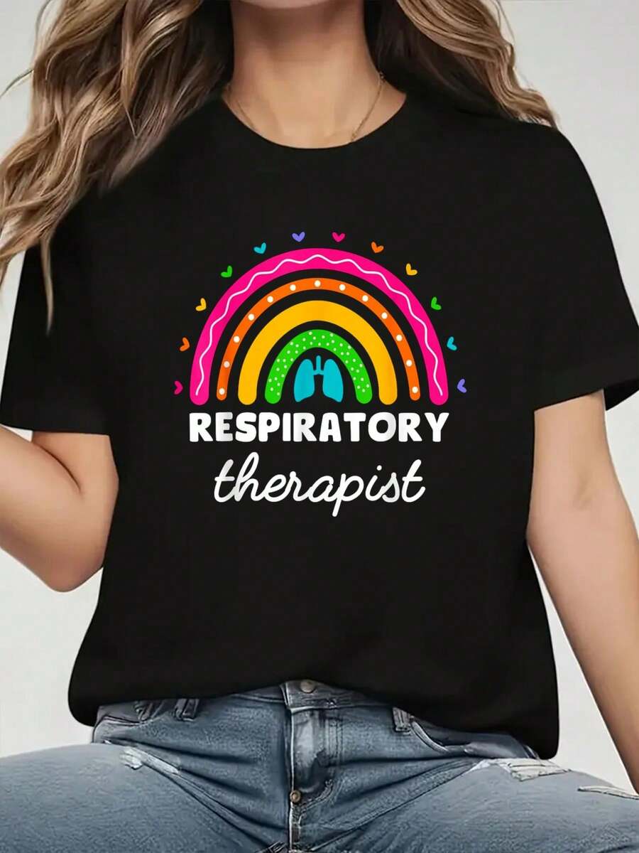 Camiseta de manga corta con cuello redondo de cómoda para primavera y verano con estampado de pulmón arcoíris de Terapia Respiratoria para mujeres