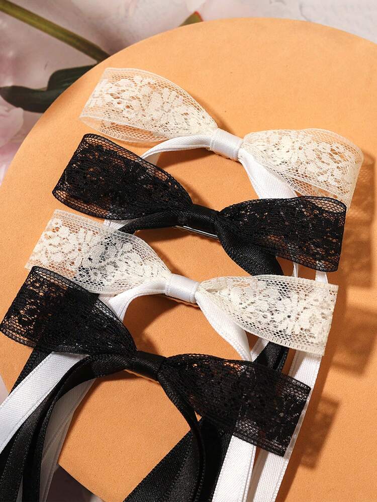 4 件蕾丝蝴蝶结发夹，波西米亚风休闲宫廷风格，涤纶纤维，可爱，适合所有季节 - 黑與白 - 查看 1