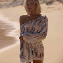 Women Swimsuit Bikini Cover Ups Beach Outfits Mesh Hollow Knitted Sweater Sunscreen Shirt Summer Clothes - 白色 - 查看 8