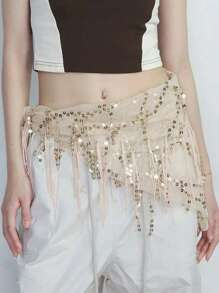 1 件女士舞蹈腰链臀巾，爵士舞肚皮舞表演腰巾，亮片流苏三角巾腰链腰裙，腰部装饰带，适合爵士舞和肚皮舞表演臀巾，亮片流苏三角装饰带夏季，学校秋季，秋季，万圣节 - 彩色 - 查看 3