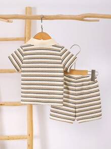 2 pièces/Ensemble Top décontracté à texture tricotée avec col polo et lettre brodée, et pantalon. Ensemble d'été