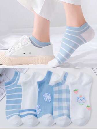 1 双女士浅蓝色轻便可爱卡通卡哇伊低帮休闲棉袜，夏季隐形运动短袜